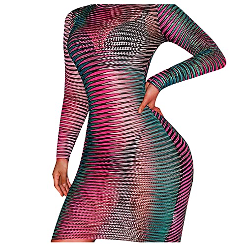 Hemlock Women See Through Dress Colorful Sexy Mesh Sheer Dress Long Sleeeve Bodycon Dress Sexy Party Night Club Dress Pink