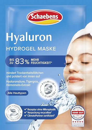 Schaebens Hyaluron Hydrogel Maske - Mega Booster spendet intensive Feuchtigkeit und polster auf. Mit Hyaluronsäure, Tigergras und Panthenol für alle Hauttypen.