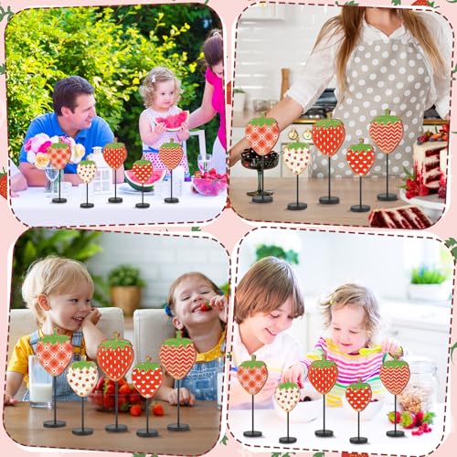Image of Yousoontic 5 Pcs Summer Strawberry Table Decorations Strawberry Centerpiece for Table Summer Sweet Wooden Sign Standing Block for Home Tiered Tray Office Shelf Decorations