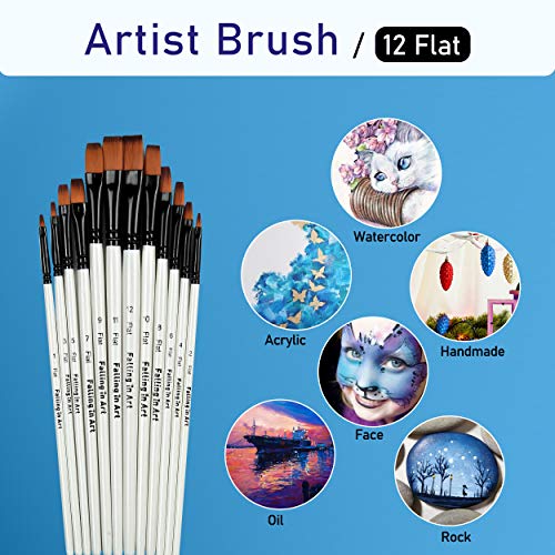 Falling In Art Paint Brushes Set, 12 Pcs Nylon Professional Flat Paint Brushes For Watercolor, Oil Painting, Acrylic, Face Body Nail Art, Crafts, Rock Painting #TOP3
