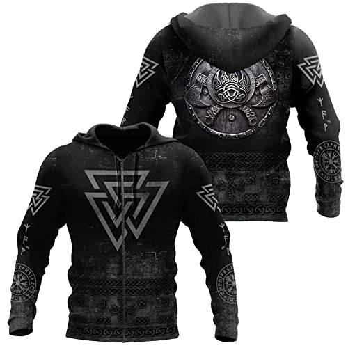 Norse Vintage Valknut 3D Tattoo Hoodie, Viking Warrior Vegvisir Zip Sweatshirt Casual Pullover Streetwear Tracksuit,Zip,XXL