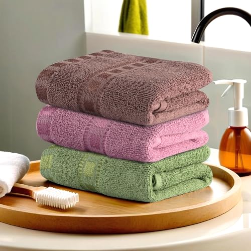 Image of Urbane Home Pack of 3 Cotton Hand /Face Towels for Men & Women | Easily Washable | Workout Gym Napkins for Men | Pocket Towel - Green-Pink & Brown
