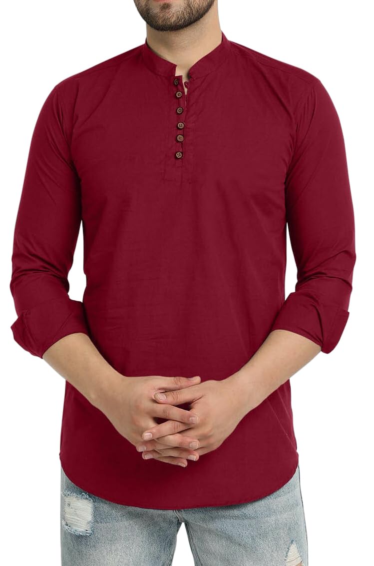 Royalscout Men's Cotton Blend Full Sleeve Short Kurta With Mandarin Collar Maroon