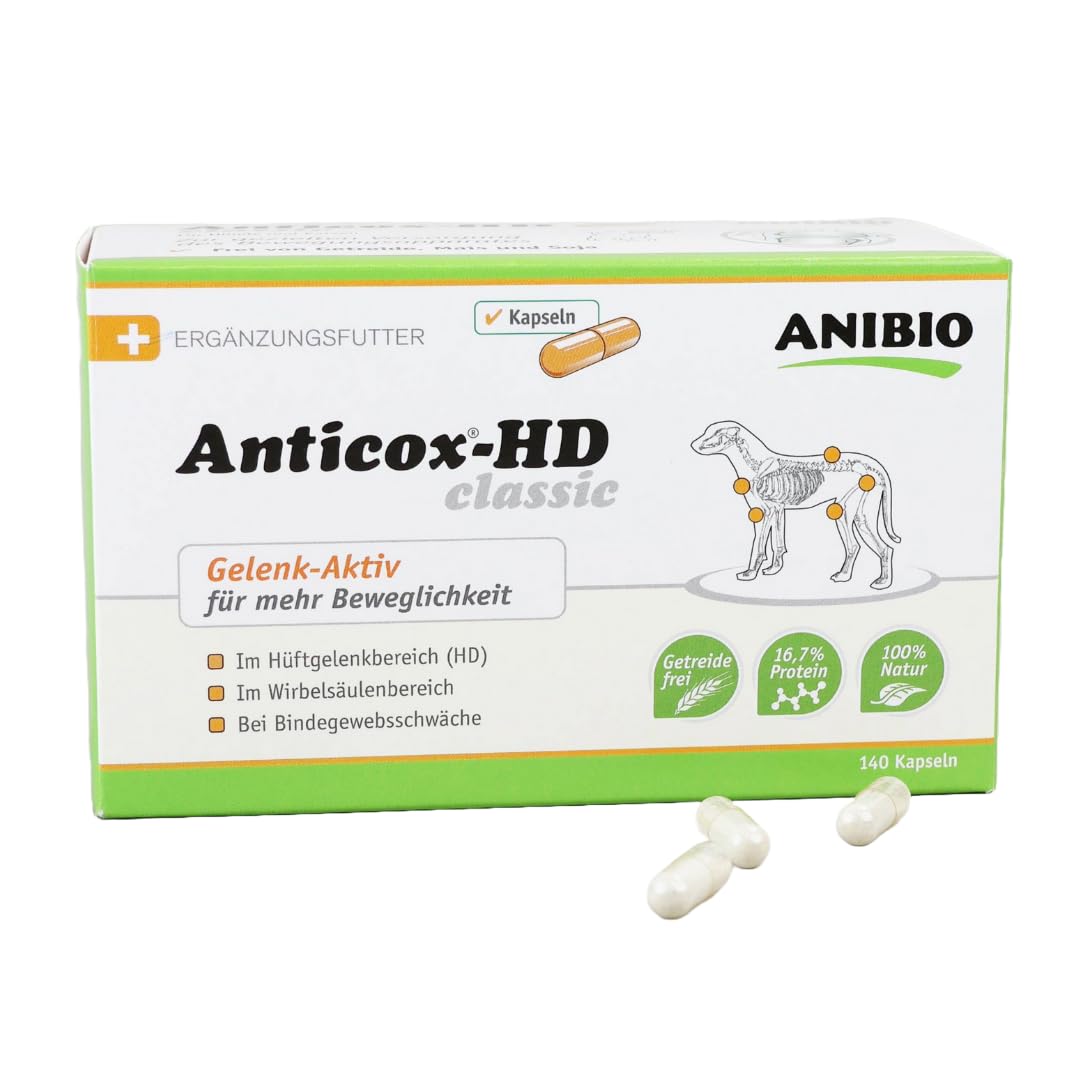 Anibio Anticox-HD Classic 140 Kapseln K Gelenk- & Beweglichkeits-Kapseln für Hunde & Katzen – Pflanzliches Ergänzungsfuttermittel bei Gelenkproblemen, HD, Arthrose, Sehnen & Bänder