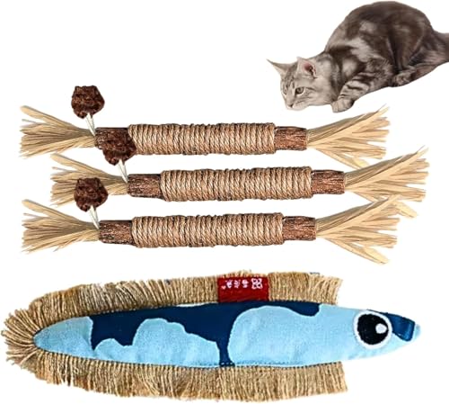 TheGuard Silvervine Chew Sticks for Cats 4 Natural Cat Toy set for Indoor Cats Healthy Teeth & Mental Enrichment 1 Cute Fish Toy silvervine for cats Potent Fresh Matatabi Sticks