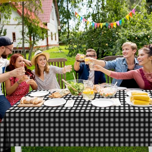 Image of 12Pack Black and White Plastic Checkered Tablecloth, Premium Decorative Disposable Black Gingham Plaid Tablecloths for Parties, Rectangle Party Table Cover for Picnic Farm Birthday Wedding, 54x108Inch