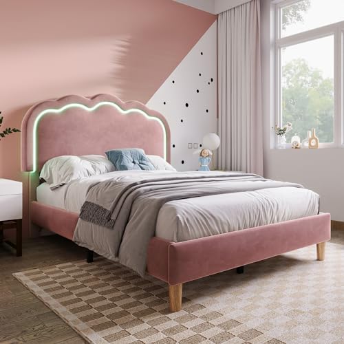Merax Single bed frame, 3ft Single Upholstered Bed, Adjustable Height Puff Shaped LED Headboard, Sturdy Wooden Slat Support, Velvet Fabric (No Mattress), Pink/90CM*190CM