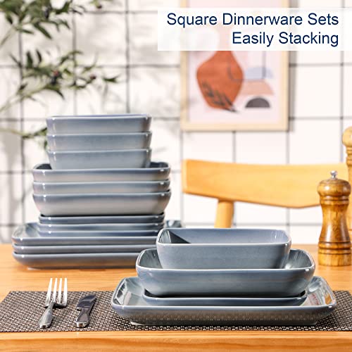 Square Dinnerware Sets For 4, 16-Piece Plates And Bowls Sets, Lovecasa Stoneware Dinner Plates/Dessert Plates/Soup Plates/Cereal Bowls, Gradient Gray #TOP5