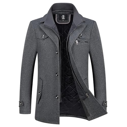 KUDORO Abrigo de hombre de lana corto de invierno casual y de negocios de ajuste regular grueso en mezcla de lana con cuello interior extraíble Parka Trench Coat, gris oscuro, M - imagen 2