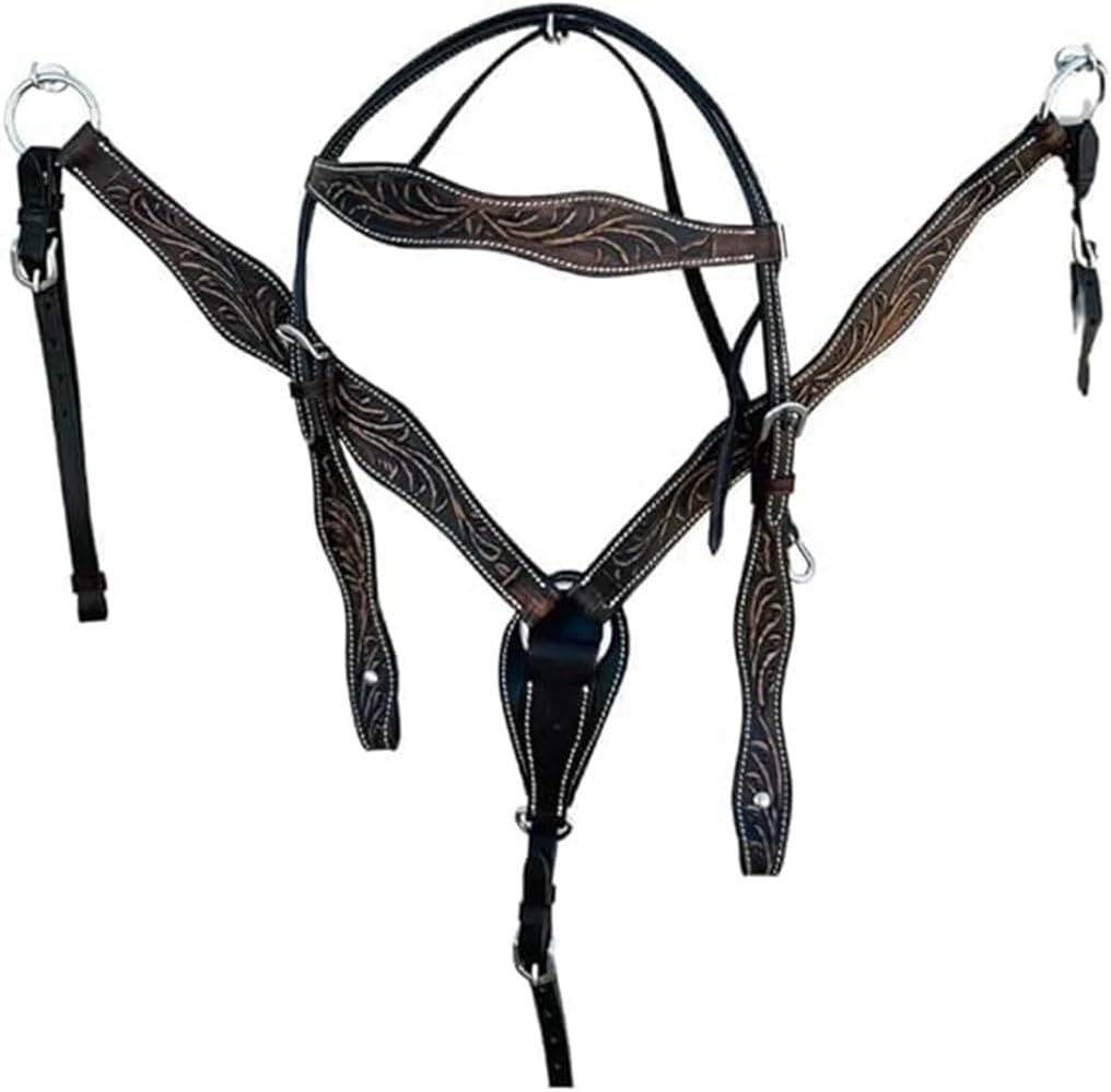Western Leather Hand Tooled Headstall and Breast Collar Set with Reins. /Size-Full,Cob,Pony AM-01