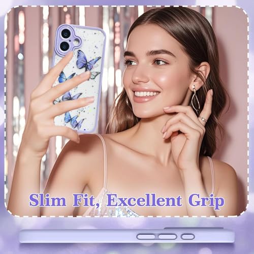 Image of VONZEE for iPhone 16 Clear Glitter Butterfly Case, Cute Bling Sparkle Shiny Soft TPU Bumper Shockproof Women Girls Slim Protective Phone Cover for iPhone 16 6.1 inch,Purple