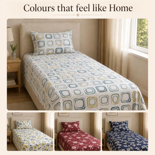 Image of Dream Living Printed Geometric Single Bedsheet with 1 Pillow Cover |120 GSM | 150x220 Cm | White