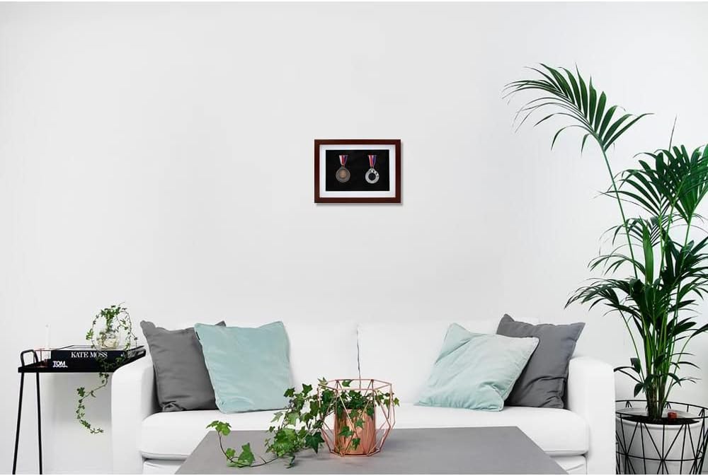 Wooden Medal Display Shadow Box Frame, 2 Medals Display Case for Runners Marathon Soccer Football Gymnastics & All Sports Military Medals Pins Patches Badge Award Insignia (Walnut)