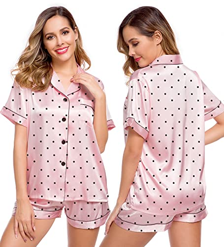 Image of LecGee Womens Silk Satin Pajamas Short Sleeve Loungewear Two-Piece Sleepwear Button-Down Pj Set
