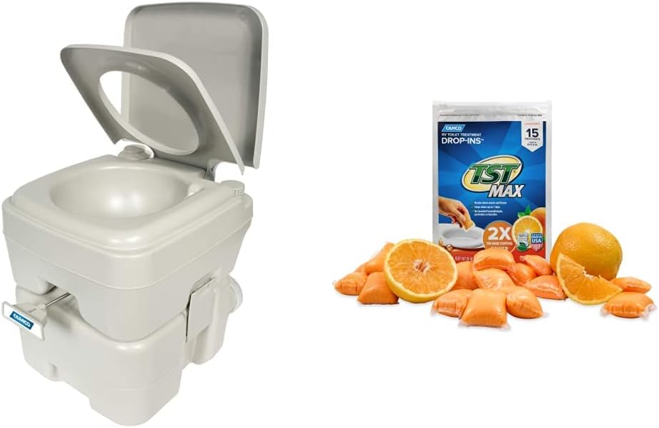 Camco Portable Travel Toilet + TST MAX Camper/RV Toilet Treatment Drop-INs