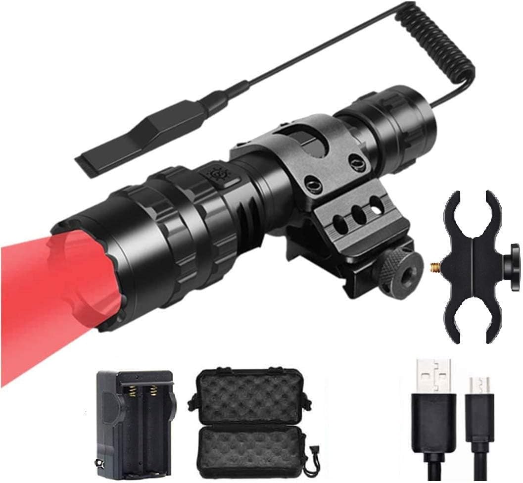 LUXJUMPER Red Light Hunting Flashlights Rechargeable 700 Yard 1800 Lumens Predator Tactical Flash Light Kit with Picatinny Rail Mount,Scope Mount, Pressure Switch for Coyote Hog Night Fishing
