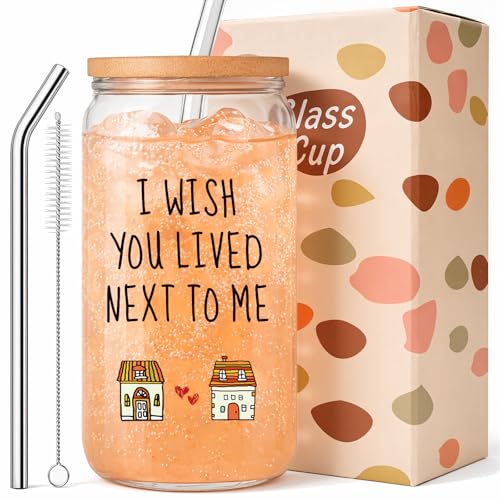 Product Image of the Best Friend Gift for Women, 16oz Glass Cup with Bamboo Lid and Straw, Moving Away Gifts for Bestie or Sister, Farewell Graduation Long Distance Friendship Gifts