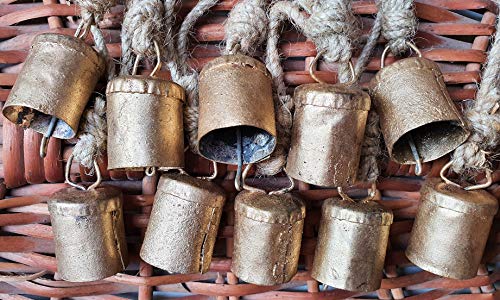 Highbix 4Cm Small Vintage Rustic Lucky Tin Metal Cow Bells Handmade Christmas Décor Bells On Jute Rope (10, Cylinder) #TOP1