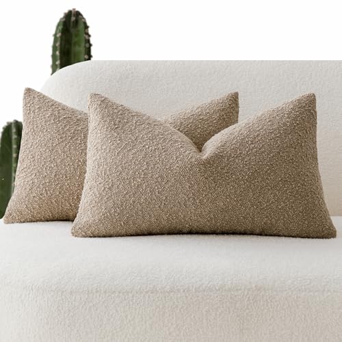 Foindtower Pack of 2 Textured Boucle Throw Pillow Covers Accent Solid Lumbar Pillow Cases Cozy Soft Decorative Couch Cushion Case for Chair Sofa Bedroom Living Room Home Decor, 12 x 20 Inch,Camel