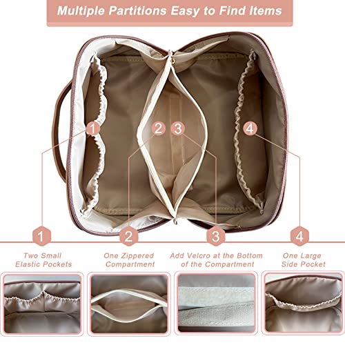 Topall Large Capacity Travel Cosmetic Bag, Upgrade Makeup Bag Multifunctional Storage Cosmetic Travel Bag Waterproof Portable Leather Make Up Bag For Women Girls (Naked Pink Upgrade) #TOP2