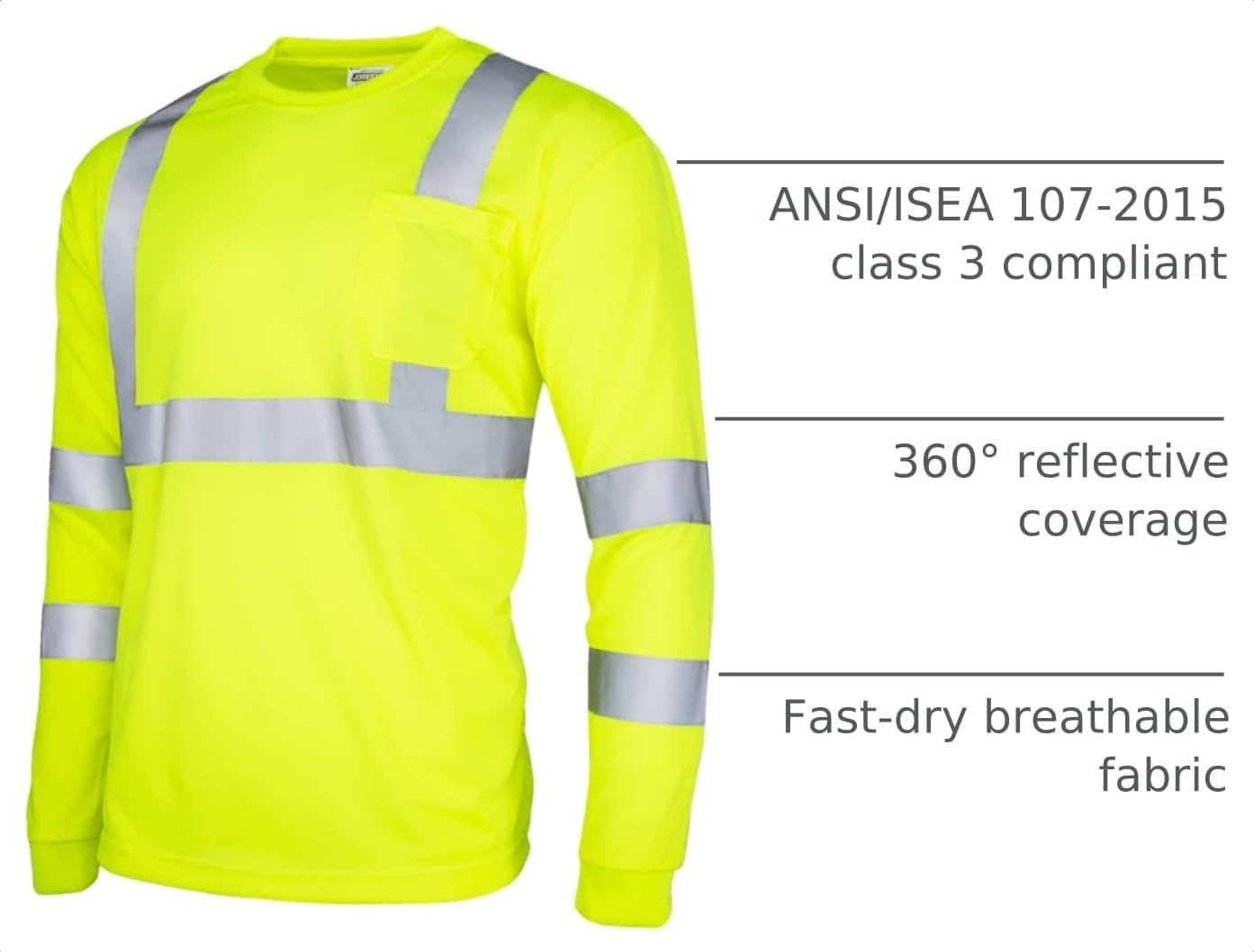 JORESTECH Class 3 Hi-Vis Long Sleeve Reflective Safety Shirt | 130 GSM polyester birdseye work shirt with 2-inch reflective tape, moisture-wicking fabric, crew neck, and chest pocket