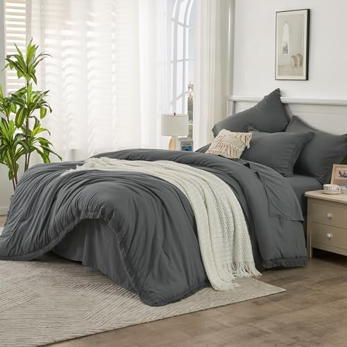 Image of Andency Dark Grey Full Size Comforter Set with Sheets - 7 Pieces Boho Tassel Bed in a Bag Soft Lightweight Bedding Sets, Dark Grey Fringe Bed Set with Comforter, Sheets, Pillowcases & Shams