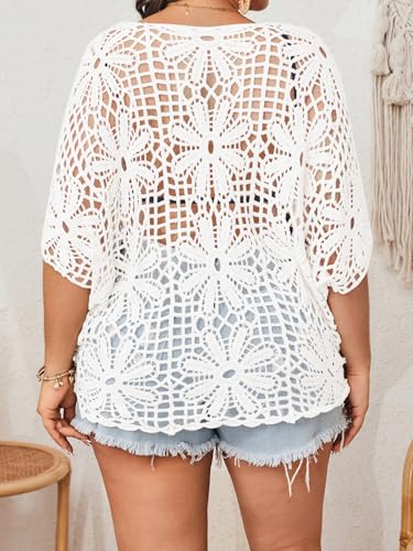 Image of BEAUDRM Women's Plus Size Floral Crochet Tops Hollow Out Boat Neck Sweaters Dolman Sleeve Oversized Knit Top