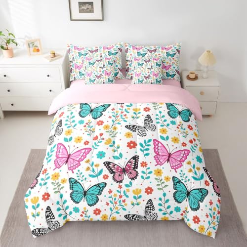 Image of Erosebridal Colorful Butterflies 7 Pieces Bedding Set Full,Cartoon Floral Bed in a Bag,Flying Butterfly Bed Set Includes Comforter,Sheet Set,Pillowcases & Pillow Covers,Garden Flower Bedroom Decor