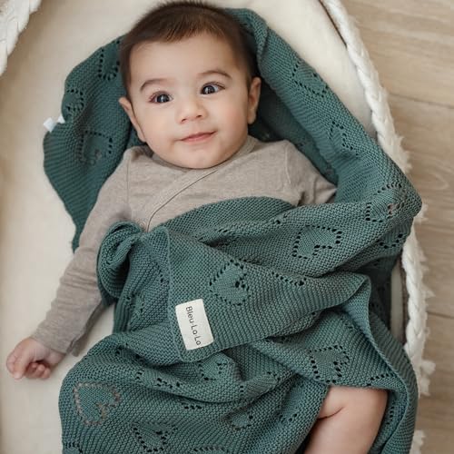 Image of Heirloom Knit Heart Receiving Blanket for Boys and Girls - 100% Luxury Cotton Baby Blanket - Soft Warm Swaddle Receiving Receiving Blanket for Newborns Infants & Toddlers (Hunter Green)