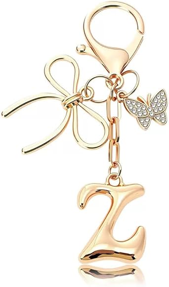 Initial Keychain for Women,Gold Letter Keychain with Butterfly&Bow, Purse Keychain for Backpack,Handbag,Bag Charm