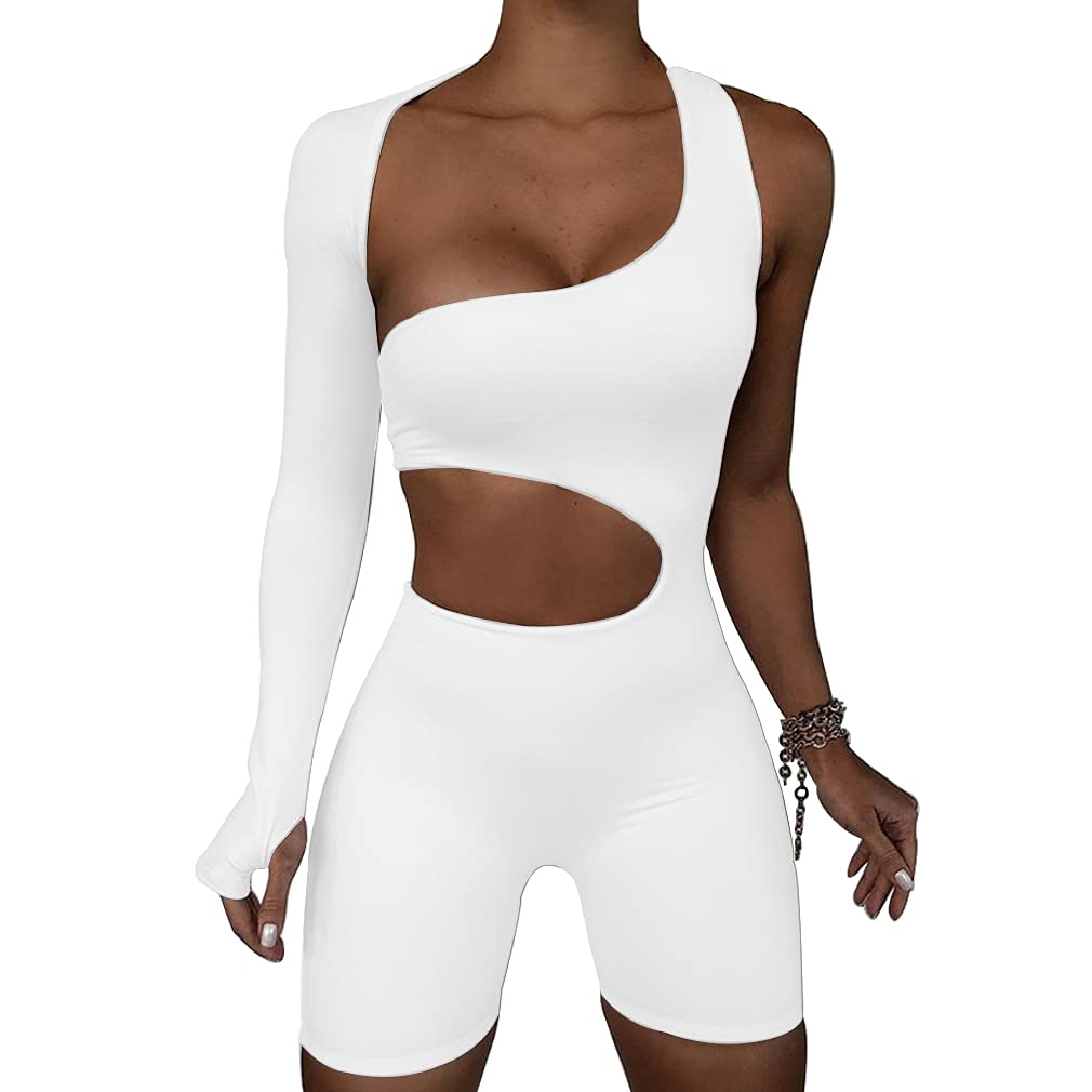 LuFeng Women's Sexy Cut Out One Shoulder Long Sleeve Jumpsuit Short Bodycon Romper Clubwear White