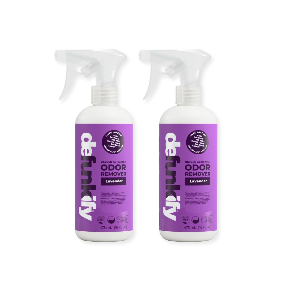 Odor Remover Spray, 16oz (2-Pack). 'Lavender' Essential Oil Odor Eliminator for Strong Odors on Fabric, Shoes, Activewear. 'ProvenSafe' Deodorizer for Pets, Kids & Sensitive Gear w/Ionic Silver