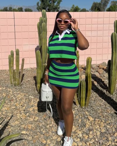 Image of HBQ Women's Casual 2 Piece Skirt Sets Polo Collar Crop Top Striped Mini Dress Summer Vacation-Stripe
