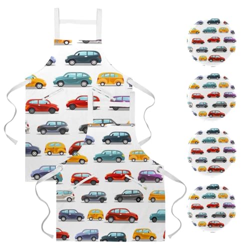 Lot de 2 tabliers de cuisine avec 4 broches à motif voitures colorées