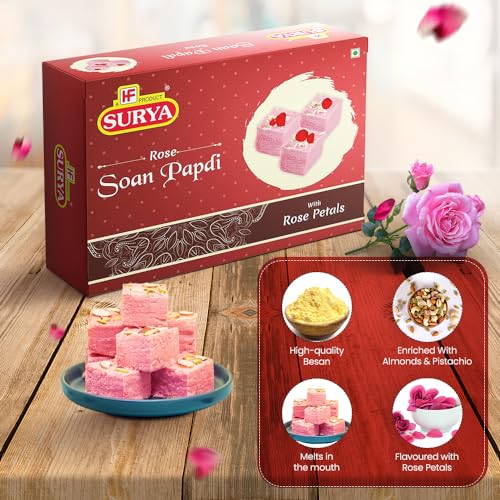 Image of HF, Surya Rose Petals Soan Papdi- 200g | No Added Preservatives or Colours | Delicious Flaky, Melt-in-Mouth Texture Indian Mithai for Festive Gift