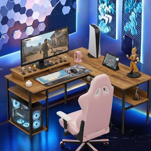 Image of TEKAVO Daino L Shaped Computer Table with CPU Storage | Corner Office Work Desk with bottm Shelf | Office Table for Work | Brown Color