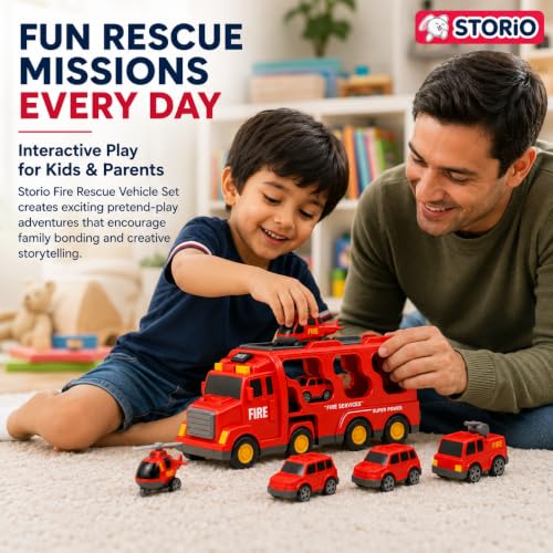 Image of Storio 5 in 1 Fire Truck Toy for Kids 3-5 Years Boys | Transport Carrier Fire Engine Vehicle Set with Ladder Truck Helicopter | Friction Powered Light Sound Montessori Toys for 3 4 5 6 7 Year Old