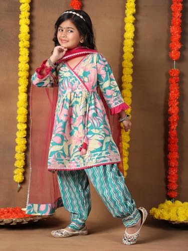 Image of superminis Girls Cotton Floral Printed Kurti Palazzo Style Salwar Set With Net Dupatta Kids Ethnic Wear Set