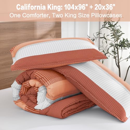 Litanika Burnt Orange California King Comforter Set - 3 Pieces Boho Terracotta Cal King Oversized Lightweight Summer Rust Colorblock Stripe Bedding Set (104x96In, 2 Pillowcases)
