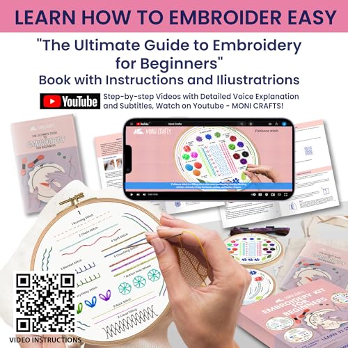 Image of Moni Crafts Embroidery Kit for Beginners - DIY Hand Embroidery Set for Adults with 4 Stamped Patterns, Hoop, Threads, Needles and Step-by-Step Stitch Guide to Learn 33 Stitches