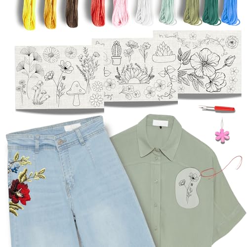 Easy Clothing Embroidery Kit - 34 Water Soluble Stick & Stitch Designs - Embroidery Kit for Clothes Starter Pack, Beginners All Inclusive Kit for Clothing Embroidery