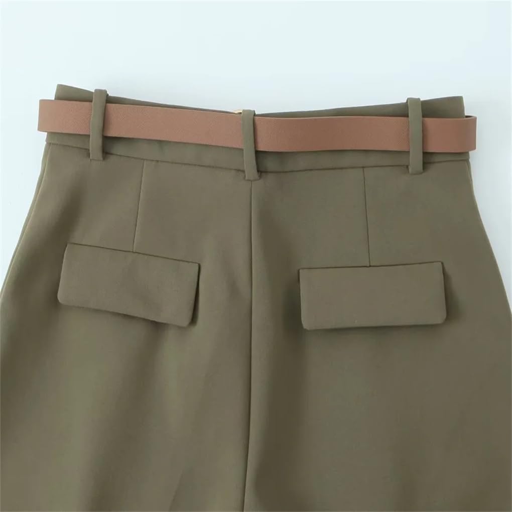 Women's Belted Front Pleated Solid Straight Pants