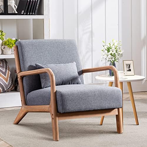 Bonzy Home Mid-Century Modern Accent Chair, Breathable Fabric Reading Lounge Chair with Solid Wood Frame & Removable Cushions, Vintage Comfortable Armchair for Living Room, Bedroom, Classic Gray