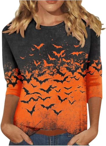 Woffccrd Womens Casual Halloween 3/4 Sleeve Crew Neck Tee Shirts Leopard Pumpkin Shirts Thanksgiving Fall Tops (M,2810 Multicolor B)