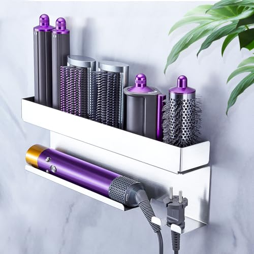 YAYINLI Hair Dryer Holder Wall Mount, Hair Straightener Holder for Curling Irons Styler Accessory, Hairdryer holder, Adhesive Hair Dryer and Straightener Holder, Hair Tool Organiser Storage (Silver)