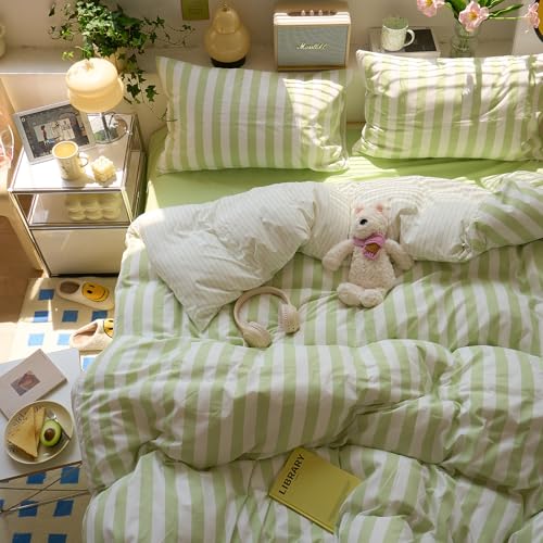 Image of EAVD Retro Green and White Striped Duvet Cover Full Soft Washed Microfiber Boho Vertical Striped Bedding Set with 2 Pillowcases Farmhouse Green Geometric Comforter Cover with Zipper Closure