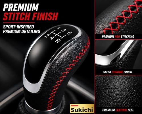 Image of Medirich Lifesciences SUKICHI Premium Manual Car Gear Knob | Universal Gear Shift Knob | Anti Slip Leather Finish Gear Lever | Sport Interior Upgrade Accessory | (Red Stitch, Black)