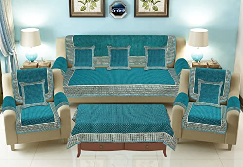 Image of Sofa Cover with Cushion Cover and Table Cover - 3 Seater and 2 Seater Sofa Covers with Arm Set 16 Pcs - 3+1+1 Panels for Home Living Room Sofa Couch Decor (Sky), Chenille