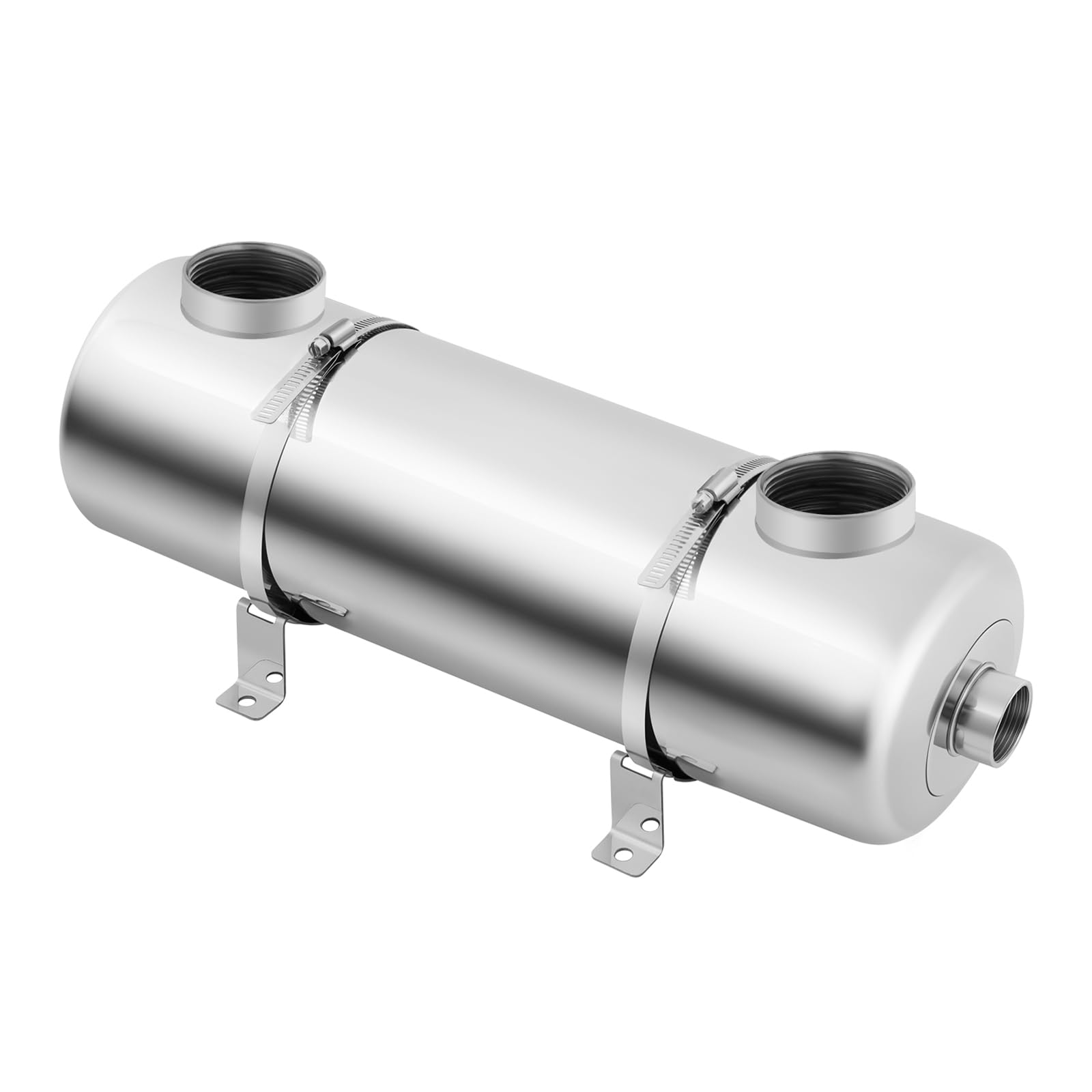 Macahimia Heat Exchanger, 300 Kbtu Heat Exchanger for Swimming Pool, 19.09x5.5in Stainless Steel 1 1/2“FPT Same Side Ports Shell&Tube Heat Exchanger, 4 Threaded Connections Ports, Rustproof