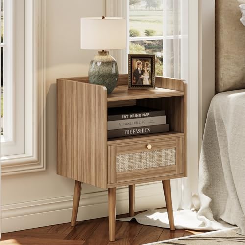 Image of MECHYIN Night Stand Set 2, Nightstands Set of 2 with Charging Station, Rattan Side Tables with Solid Wood Legs, Boho Bedside End Table for Apartment Bedroom Dorm Small Space